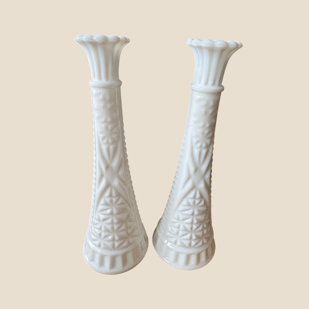 Vintage EO Brody Co Milk Glass Bud Vases Set of 2 White Starburst Pattern 9 Inch
